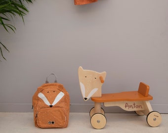 Birth gift, wooden balance bike Mr. Fox Trixie, customizable