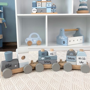 Baby gift for birth, gift birth, wooden train personalized blue, personalized baby gifts for birth