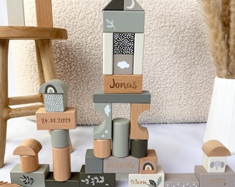 Geschenke zum 2 Geburtstag, Bausteine personalisert mit Aufbewahrungsbox, Holzbausteine Baby