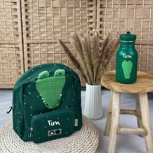 Kinderrucksack mit Namen, Kindergartenrucksack personalisiert als Set mit Trinkflasche, Trixie Kinderrucksack, Kitarucksack Krokodil