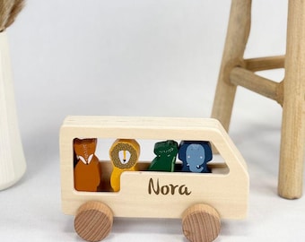 Gift 1st birthday, bus with animals, motor skills toy, wooden car construction site, toy, Christmas gift for children