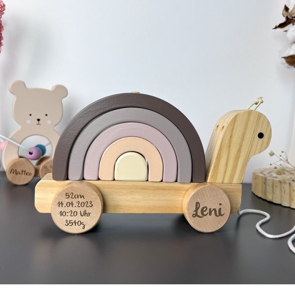 Nachziehtier Schnecke, Stapelspiel Regenbogen Jabadabado, Geschenk zur Geburt, personalisierte Babygeschenke, Geschenk Weihnachten