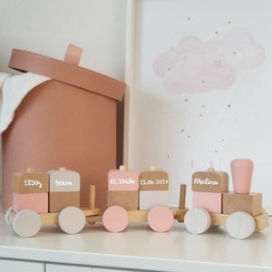 Gift birth, wooden train locomotive railway pink/natural, Jollein, printed personalizable