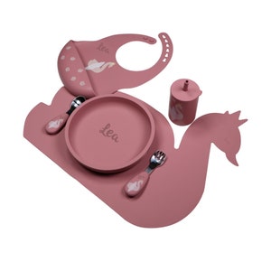 Children's tableware set personalized, pink swan, baby gift birth