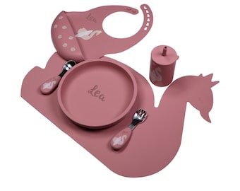 Set de vaisselle enfant personnalisé, cygne rose, cadeau naissance bébé