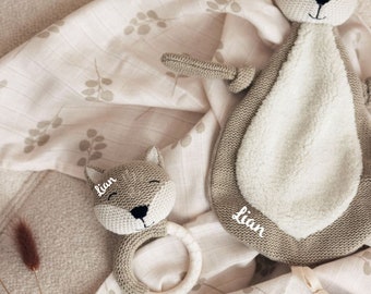 Babygeschenk Geburt, Greifling Baby, Greifring Fuchs grau, Beißring Baby, Geschenk zur Geburt, personalisiertes Geschenk Geburt Junge