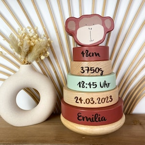 Regalos personalizados de nacimiento, torre apilable Mr. Monkey rojo, regalo de nacimiento