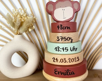 Personalized gifts birth, stacking tower Mr. Monkey red, gift birth