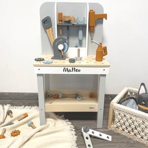 Children's workbench with wooden tools, gift for 3rd birthday, personalized wooden toy, gift for boy's birthday