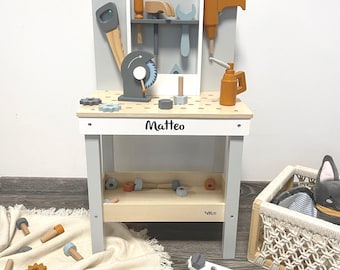 Children's workbench with wooden tools, gift for 3rd birthday, personalized wooden toy, gift for boy's birthday