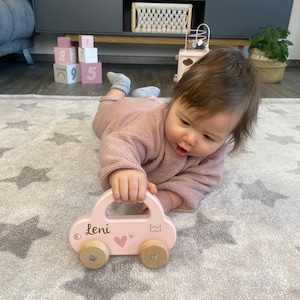 Baby gift birth, toy baby, wooden toy car pink, personalizable
