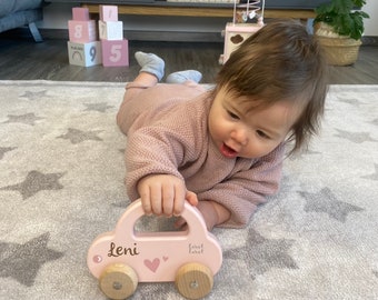 Regalo nascita neonato, giocattolo neonato, macchinina in legno rosa, personalizzabile