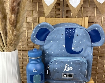 Children's backpack with name, kindergarten backpack personalized as a set with drinking bottle, Trixie children's backpack, daycare backpack elephant