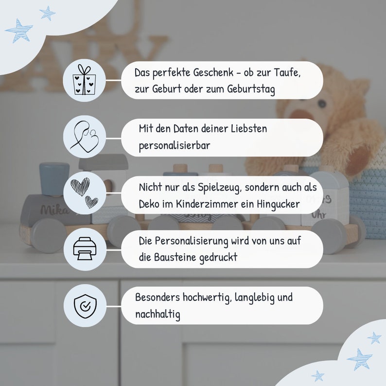 Geschenk Geburt, Babygeschenk zur Geburt, Holzeisenbahn personalisiert blau, Personalisierte Geschenke Baby, Ostergeschenk Baby Bild 6