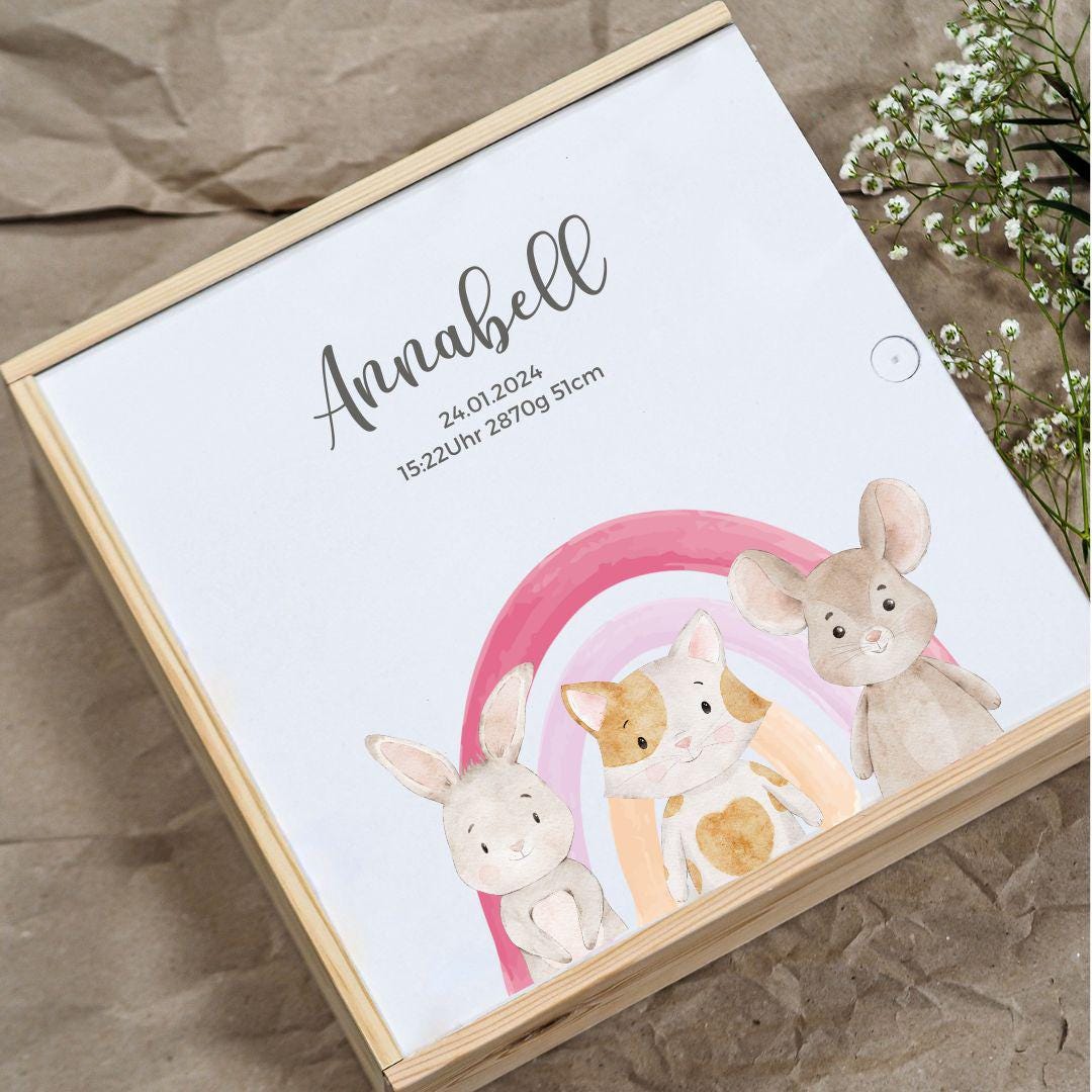 Memory Box Rainbow Pink, Memory Box Wood, Memory Box Baby, Birth Gift ...