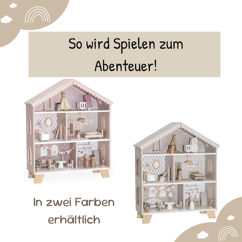 Puede incluir: Dos casas de mu&ntilde;ecas de madera, pintadas en rosa claro y blanco, con varias habitaciones y muebles en miniatura. El texto dice: "So wird Spielen zum Abenteuer!" y "In zwei Farben erh&auml;ltlich."