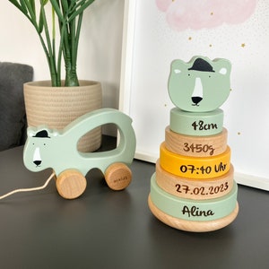 Personalized gifts baby, stacking tower wood Mr. Polar Bear mint, gift for birth