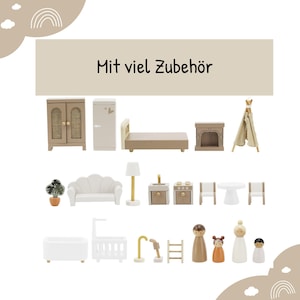 Puede incluir: Colecci&oacute;n de muebles y accesorios de madera en miniatura para casa de mu&ntilde;ecas en tonos neutros. Incluye armario, cama, sof&aacute;, chimenea, tipi, juego de cocina, mesa, sillas, ba&ntilde;era, cuna y mu&ntilde;ecos de madera. Se muestra el texto "Mit viel Zubeh&ouml;r".