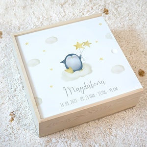 Memory box baby penguin star - neutral, memory box birth, wooden box baby, personalized gift baby