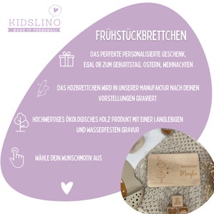 May include: A personalized wooden breakfast board with a ballerina design and the text "Hier kr&uuml;melt Mayla". The board is made of eco-friendly wood and is perfect for a special occasion.