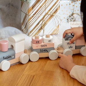 Christmas gift, baby gift birth, wooden train personalized pink, baby gifts with name, personalized gifts baby