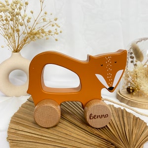 Pull-along toy fox, personalized birth gift, baby gift, 1st birthday gift, wooden toy from 1 year, Easter gift for children