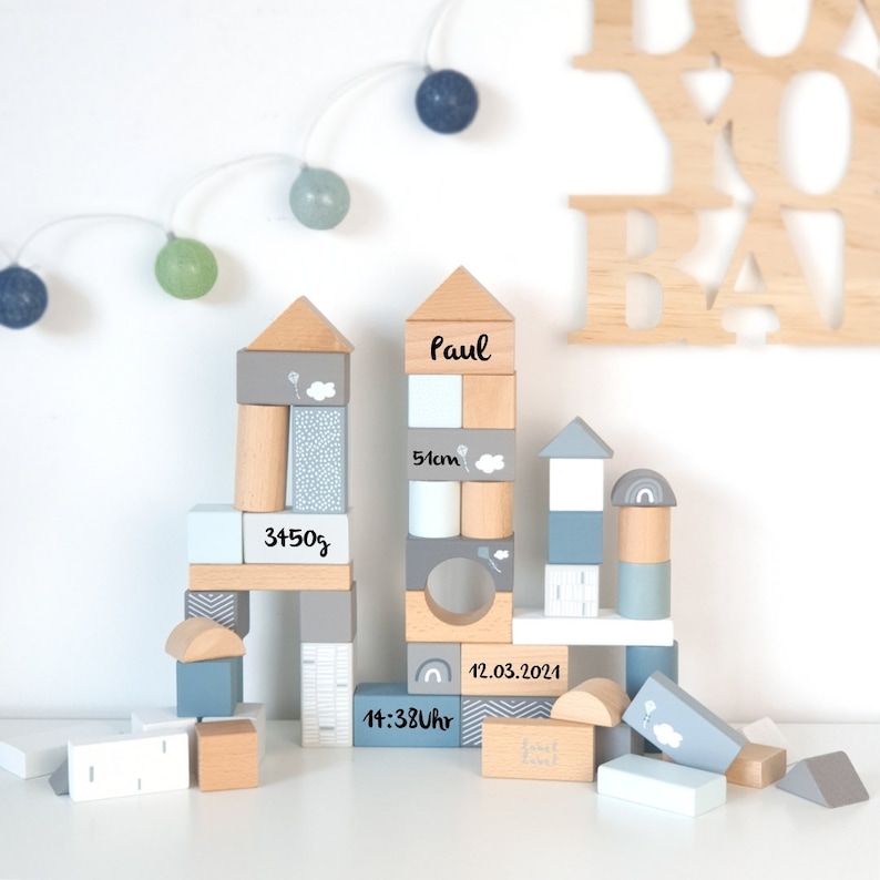 Gift for birth, 50 wooden building blocks blue personalized with storage box image 1