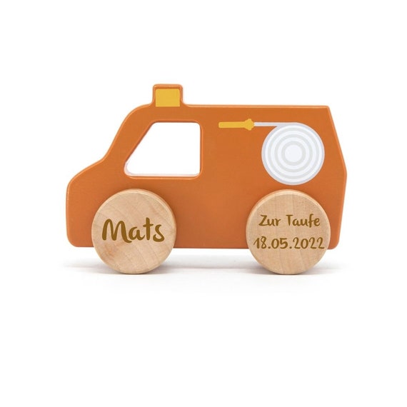 Christening gift, wooden toy baby, wooden fire engine, customizable