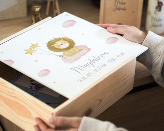 Erinnerungskiste Baby Löwe Stern - Mädchen, Erinnerungsbox Geburt, Holzkiste Baby, Personalisiertes Geschenk Baby