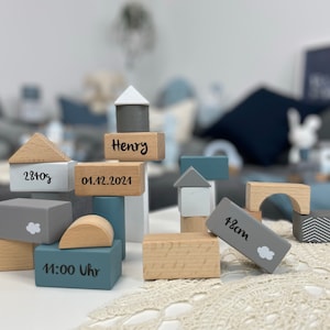 Gift for birth, 50 wooden building blocks blue personalized with storage box image 2