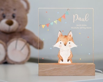 Nachtlampe Holz, personalisiertes Nachtlicht Fuchs – Nachtlicht Baby mit Namen – Geschenk zur Geburt personalisiert Nachtlampe Kinderzimmer