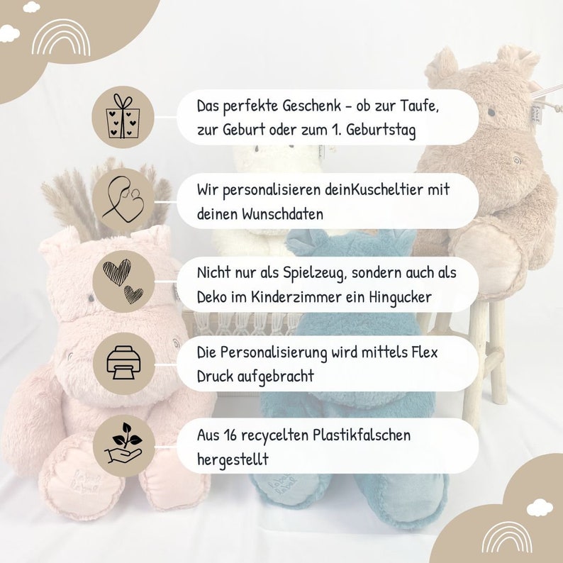 Stofftier mit Namen, Personalisiertes Kuscheltier, Babygeschenk Geburt, Hippo nougat, Plüschtier mit Namen, Geschenk zur Geburt Bild 7