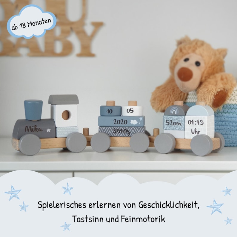 Geschenk Geburt, Babygeschenk zur Geburt, Holzeisenbahn personalisiert blau, Personalisierte Geschenke Baby, Ostergeschenk Baby Bild 4