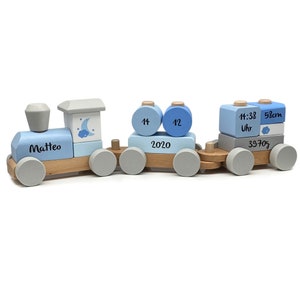 Personalized train in blue and pink, birth gift, wooden train with name & dates of birth, customizable baby gifts
