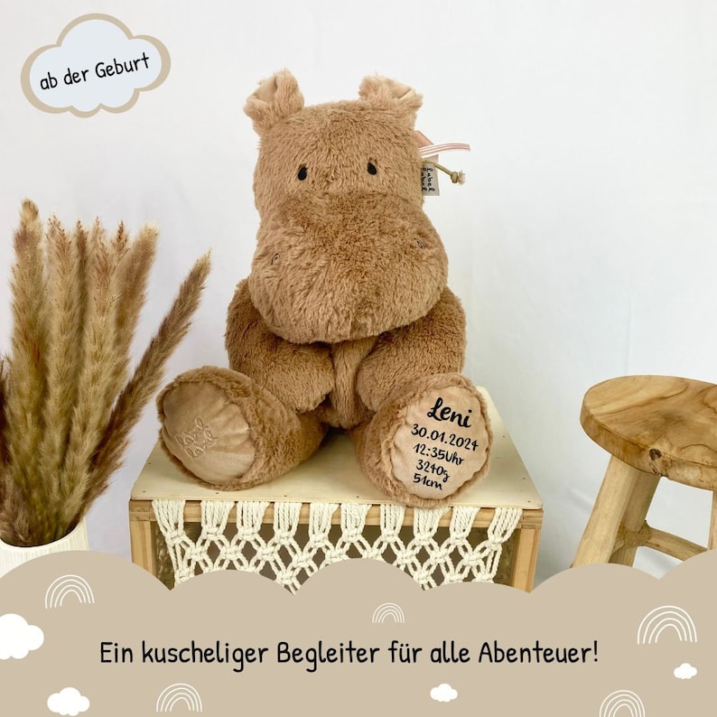 Stofftier mit Namen, Personalisiertes Kuscheltier, Babygeschenk Geburt, Hippo nougat, Plüschtier mit Namen, Geschenk zur Geburt Bild 6