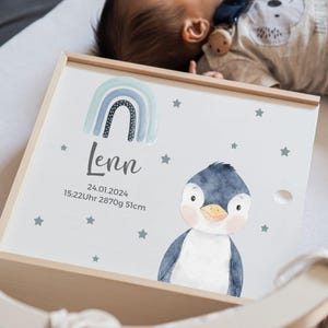 Memory box birth, memory box penguin rainbow, memory box wood, birth gift, memory box with name