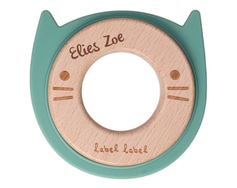 Geschenk Geburt, Beißring Katzenkopf grün Holz & Silikon, Babygeschenk, personalisierbar