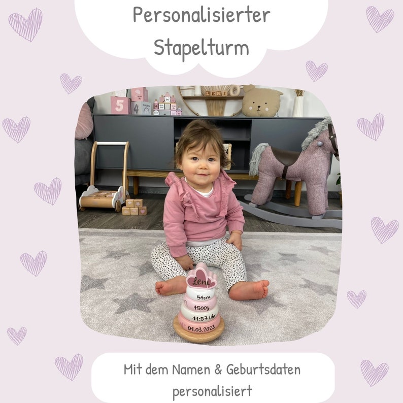 Babygeschenk Geburt, Geschenk zur Geburt, Personalisierter Stapelturm rosa, personalisierte Geschenke Baby, Geschenke Ostern Baby Bild 5