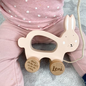 Pull-along toy personalized, baby gift birth, pull-along toy Mrs. Rabbit pink, gift 1st birthday