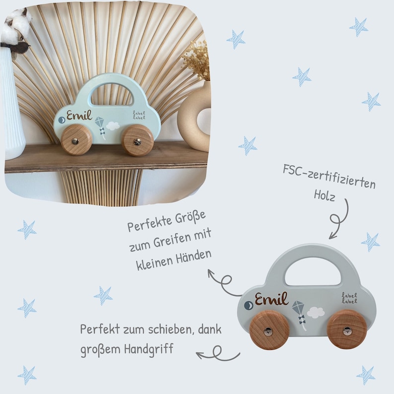 Birth gift, toy baby, birth gift, baby gift boy, wood toy car blue image 4
