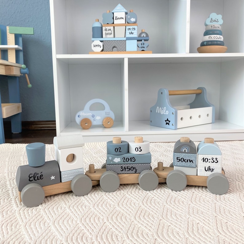 Baby gift personalized wooden railway personalized blue 
