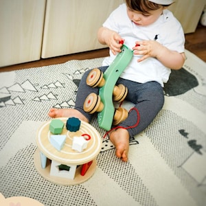 May include: A child plays with two wooden toys. One is a green toy with wheels and a red string. The other is a wooden toy with a round base and colorful shapes.