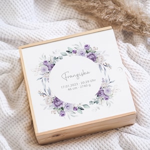 Memory box baby flower purple, memory box birth, wooden box baby, personalized gift baby