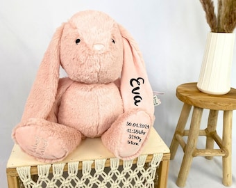 Kuscheltier personalisiert, Babygeschenk Geburt, Stofftier mit Namen, Hase rosa, Plüschtier mit Namen, Geschenk zur Geburt