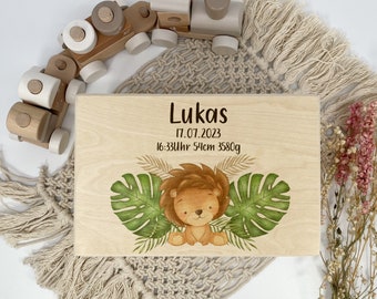 Coffret souvenir bébé, coffret souvenir lion avec feuilles Jungle, cadeau baptême, cadeau bébé naissance coffret en bois cadeaux bébé personnalisés