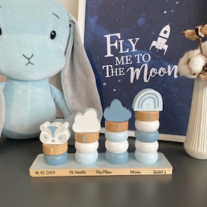 Regalo nacimiento bebé, juego de apilar mapache azul, personalizable
