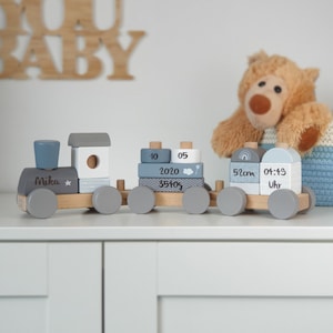 Babygeschenk Geburt Personalisiertes Geschenk Baby Geschenk Geburt Holz Eisenbahn personalsiert Blau