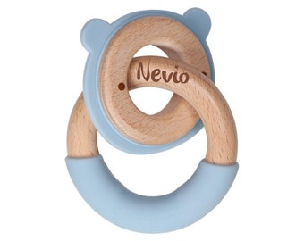 Cadeau bébé naissance, cadeau baptême garçon, anneau de dentition bois & silicone avec anneau tête d'ours bleu, personnalisable