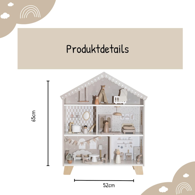 Puede incluir: Una casa de mu&ntilde;ecas de tres pisos con techo gris y molduras blancas. La casa de mu&ntilde;ecas mide 65 cm de alto y 52 cm de ancho. El interior est&aacute; decorado con muebles y accesorios en miniatura. El texto "Produktdetails" est&aacute; arriba.