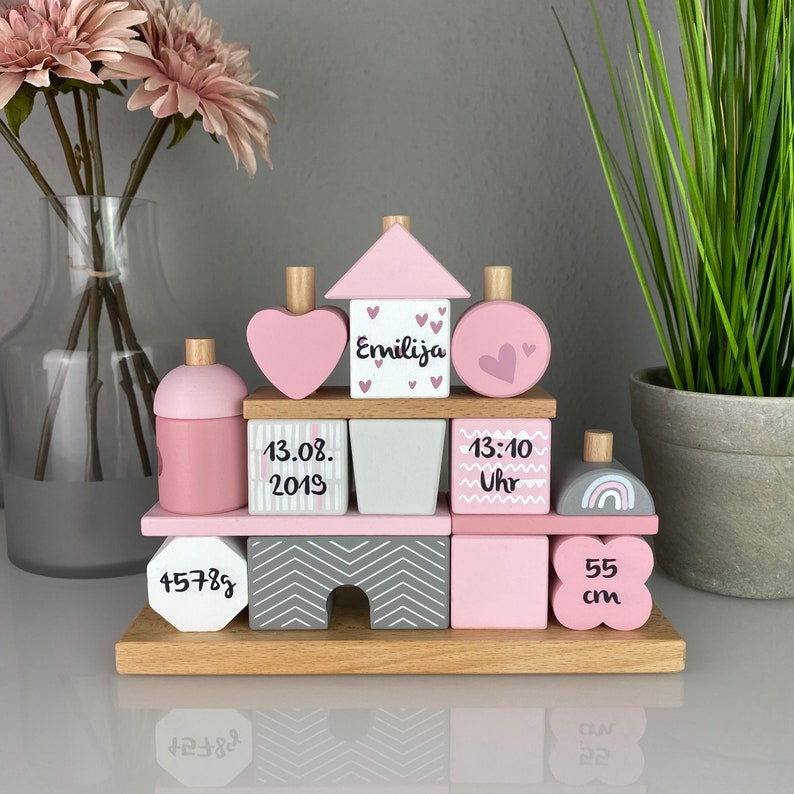 Personalisiertes Stapel und Steckspiel Haus rosa, bedruckt personalisierbar Bild 2